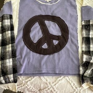 Peace Sign Purple and Black Plaid long sleeve knit top NWOT